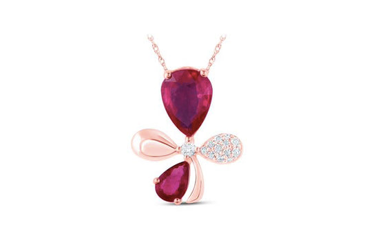 10k rose gold pear ruby pendant with 1.87 cttw diamonds in flower design