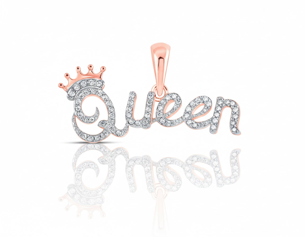 Rose gold 'Queen' pendant with a crown on a white background