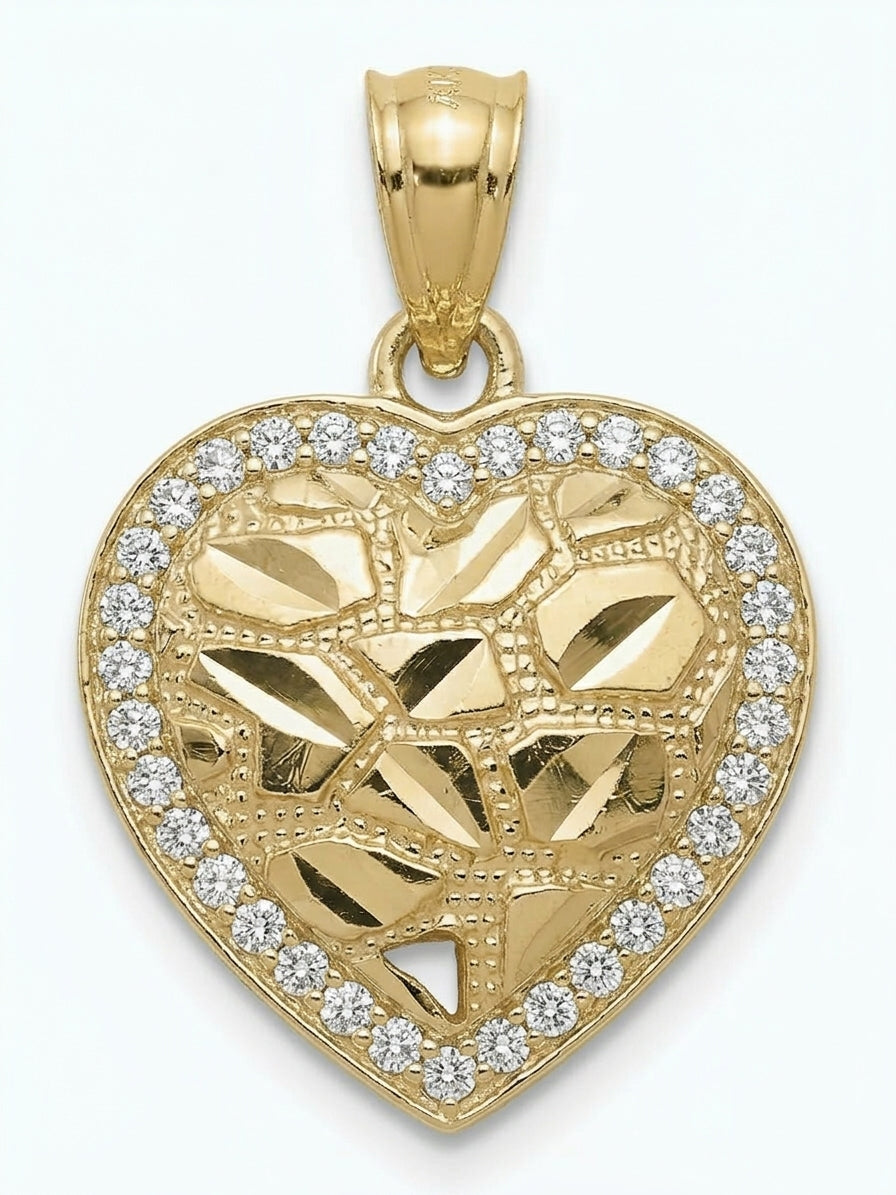 10K solid gold diamond-cut heart nugget charm with round CZ stones.