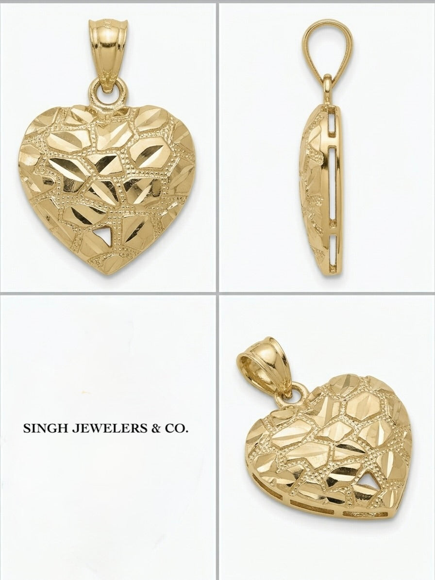 10K solid gold diamond-cut heart nugget charm with a textured gold finish different angles