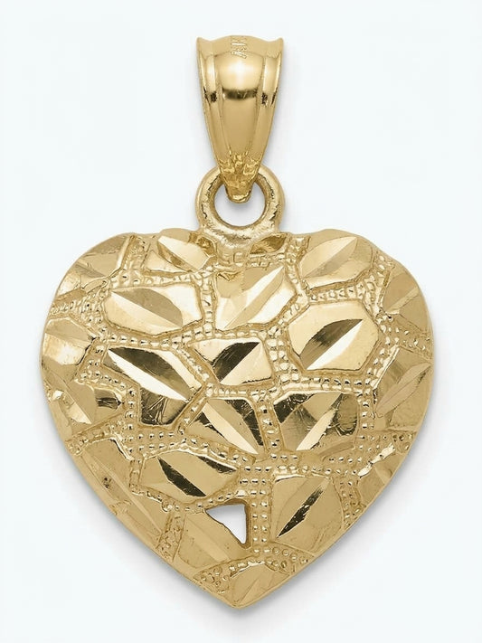 10K solid gold diamond-cut heart nugget charm with a textured gold finish front side of the charm