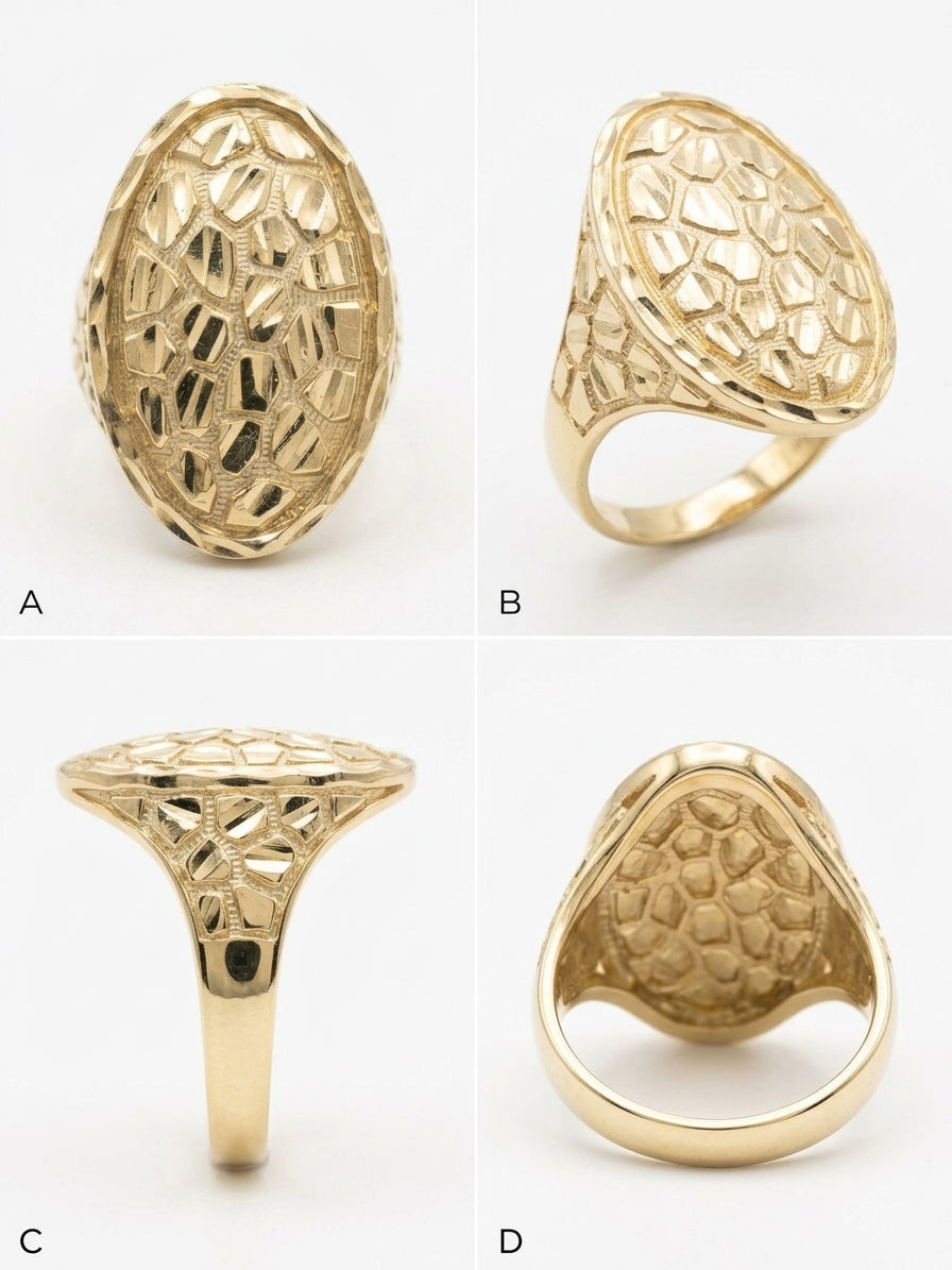 10K solid gold oval nugget ring with a textured diamond-cut design