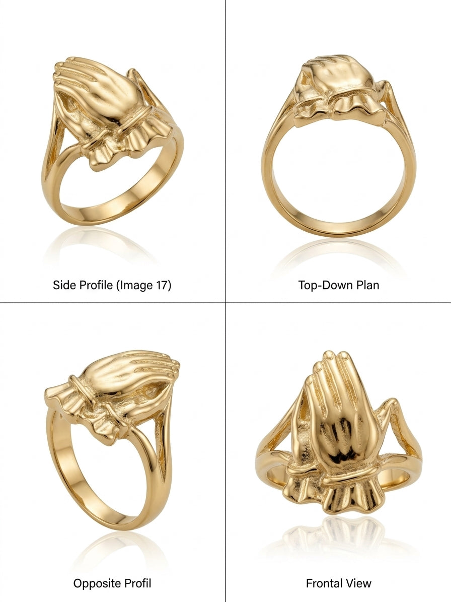 10K solid gold ring featuring a detailed praying hands design different angles 