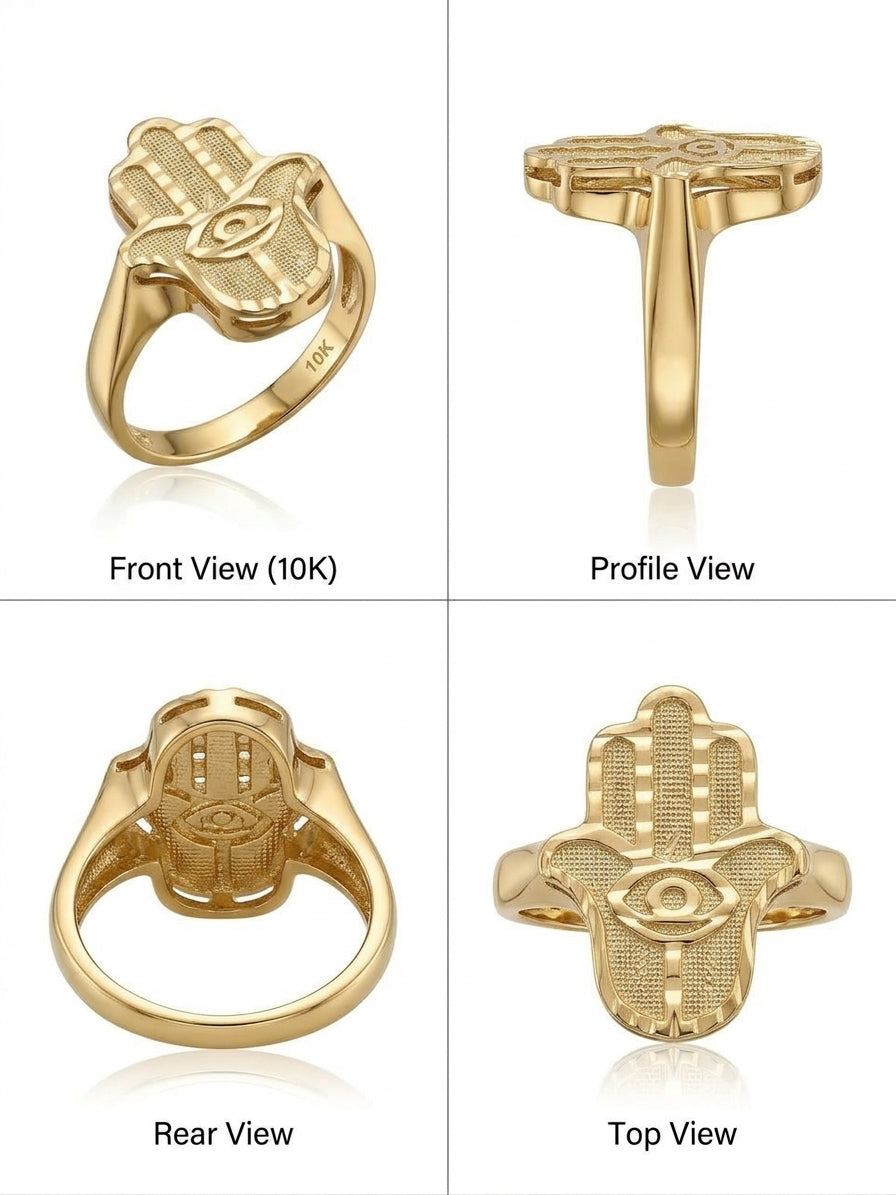 10K solid gold unisex praying hands ring in size 9 showing different angles of the ring.