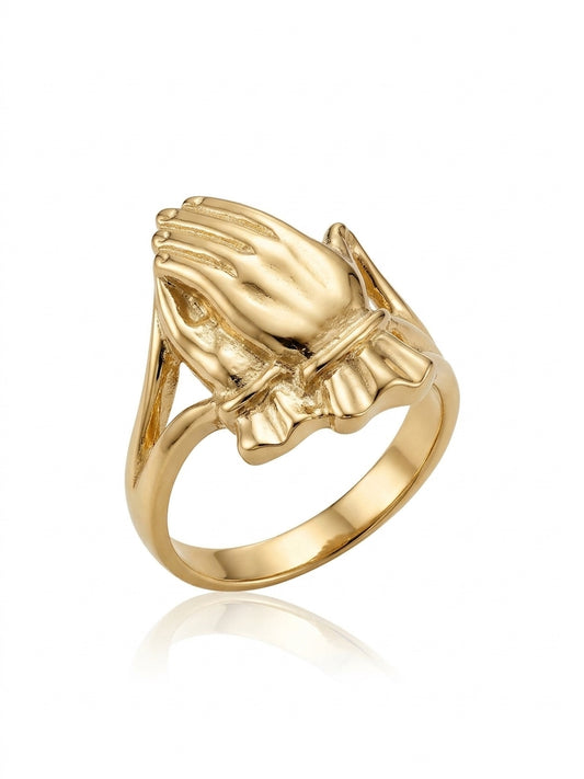 10K solid gold ring featuring a detailed praying hands design