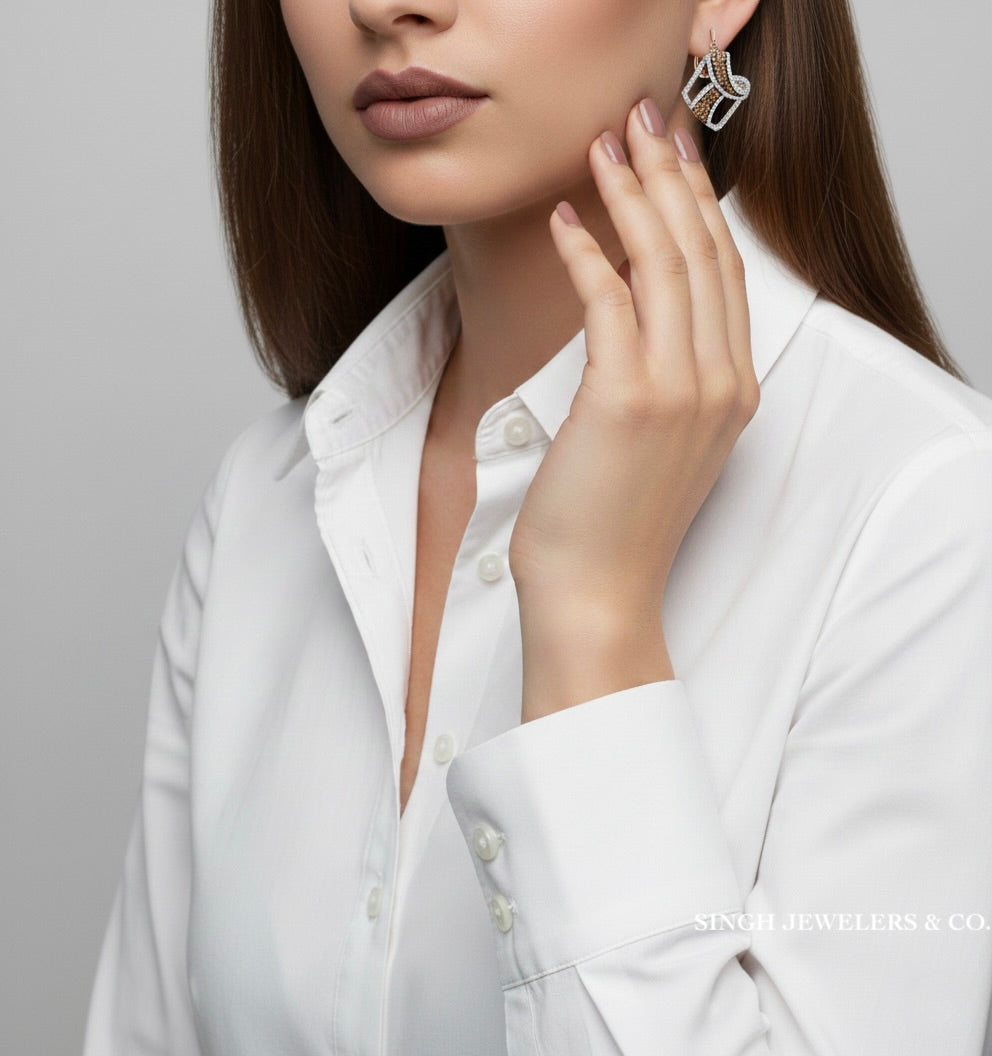 10K strawberry gold hoop earrings with brown diamonds, handcrafted gold hoops