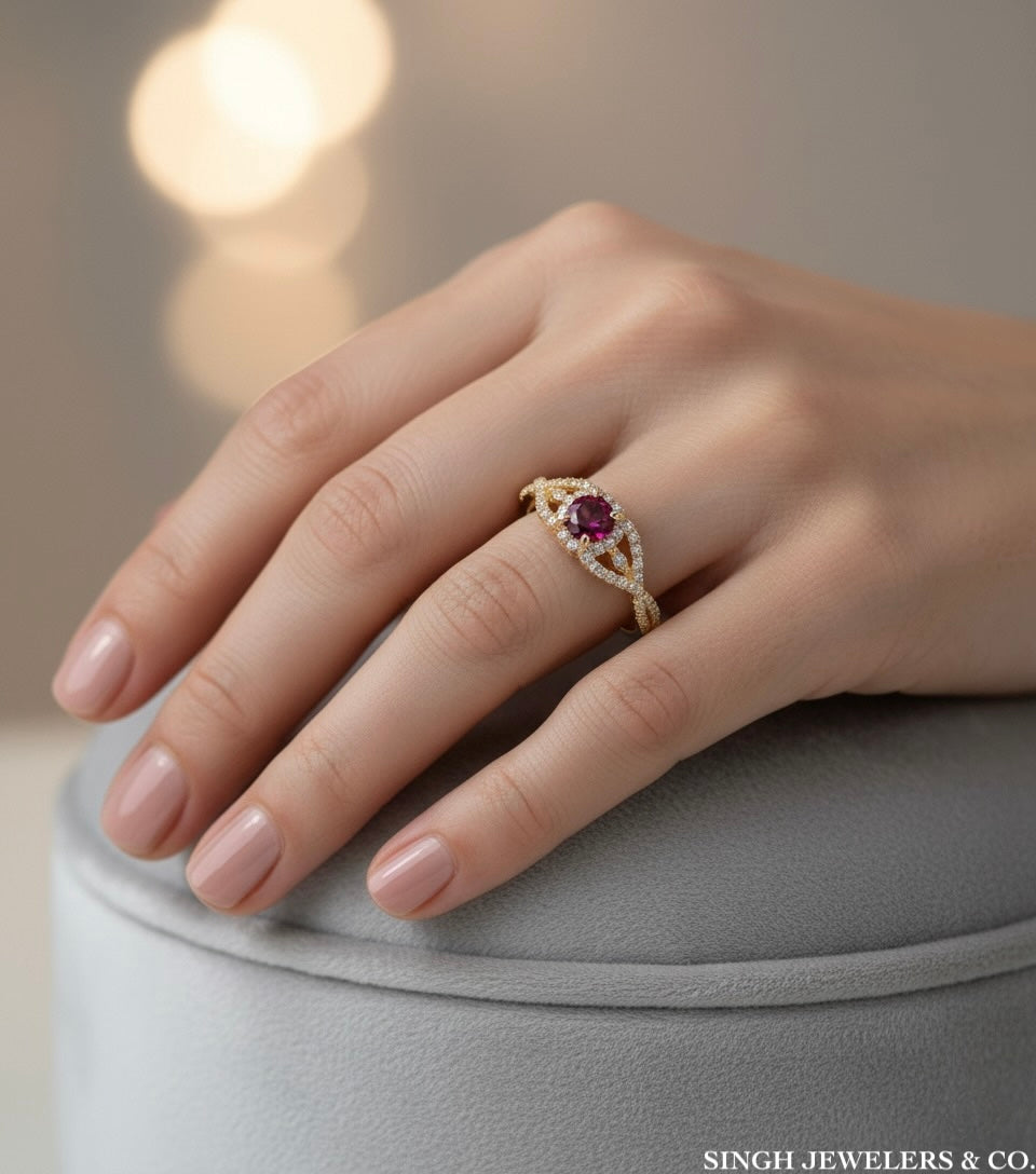 Gold ring with a purple gemstone on a hand, with 'Singh Jewelers & Co.' branding.