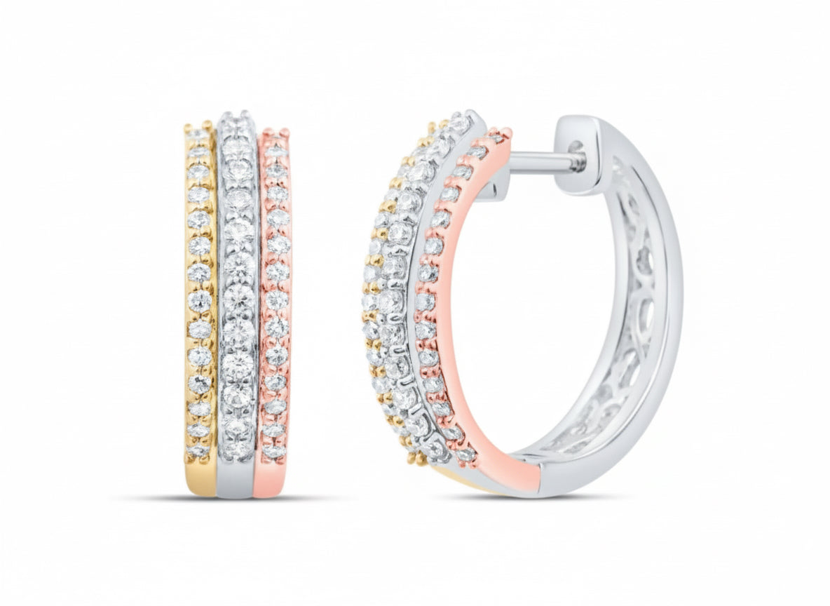 10K tri-tone diamond hoop earrings, 1/4 carat total weight