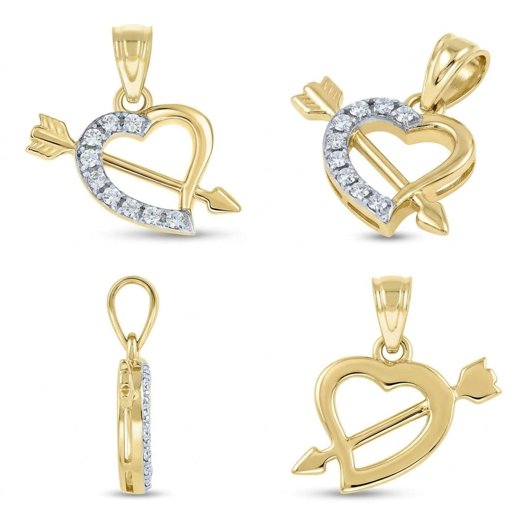 Elegant 10K two-tone gold Cupid heart arrow pendant featuring cubic zirconia and an included 18-inch gold chain.