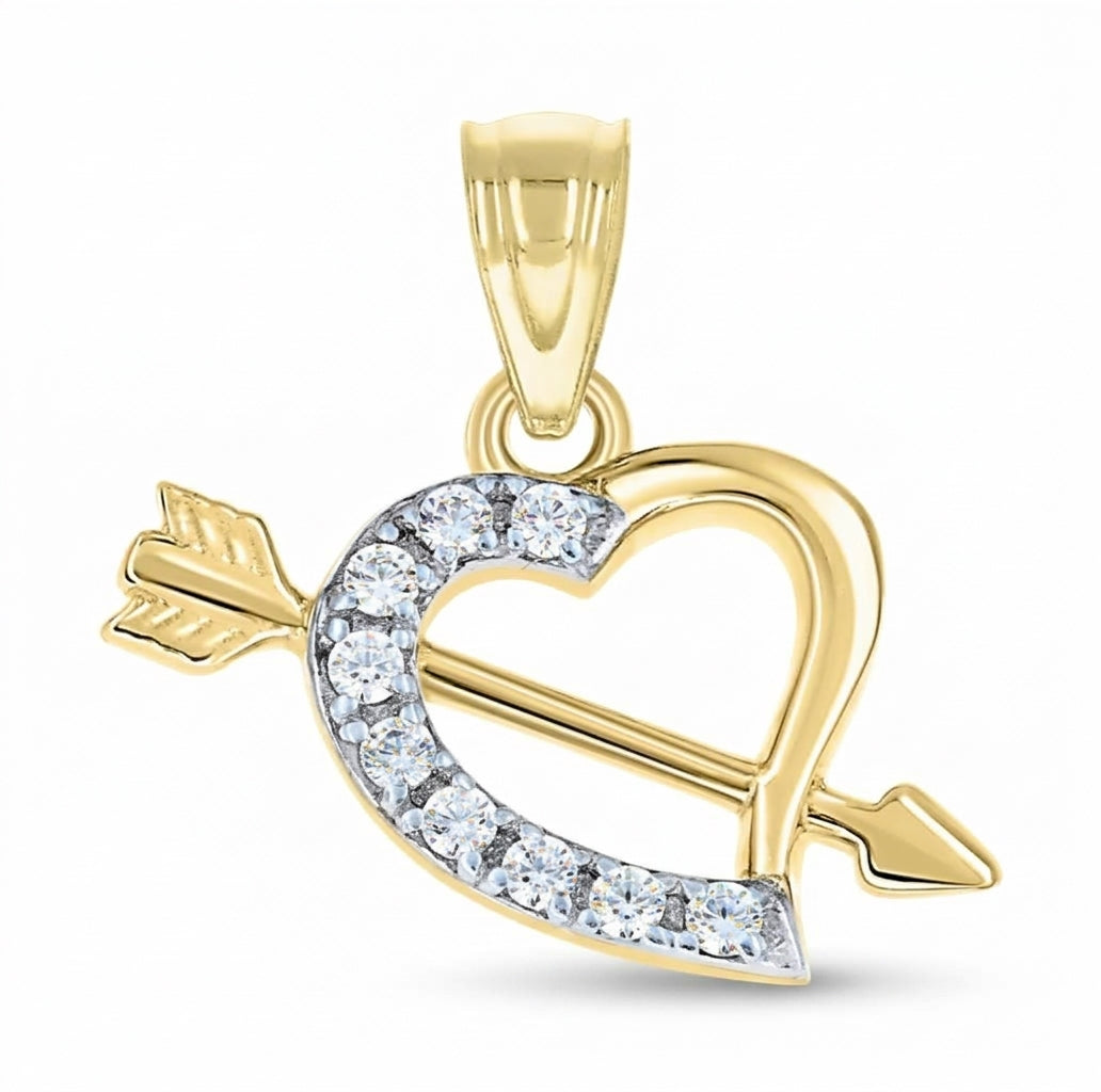 10K two-tone gold women's Cupid heart arrow pendant with cubic zirconia and 18-inch gold chain