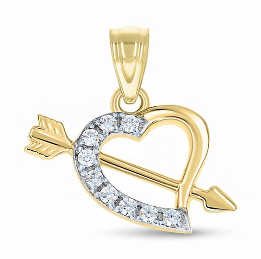 10K two-tone gold women's Cupid heart arrow pendant with cubic zirconia and 18-inch gold chain