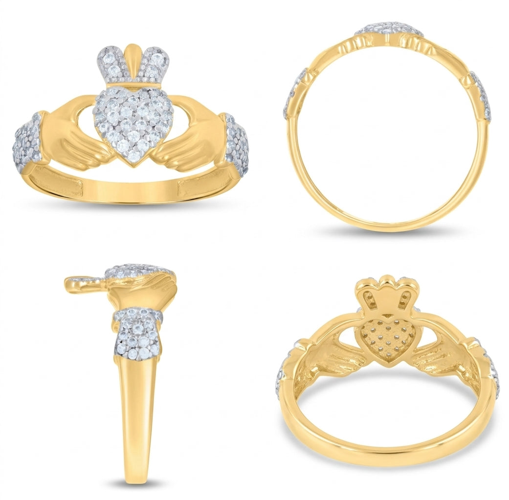 10K two-tone gold women's heart Claddagh ring with cubic zirconia different angles