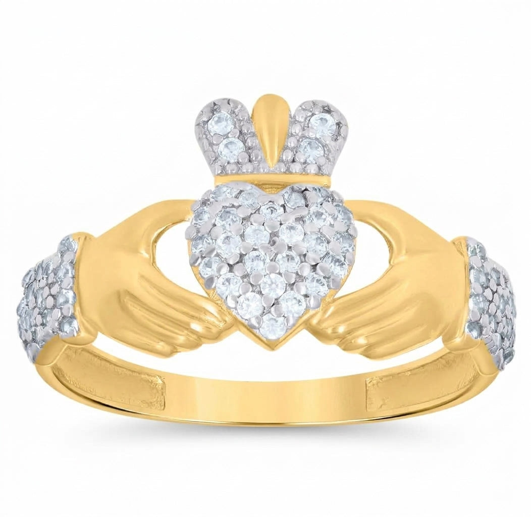 Front view of a 10K two-tone gold heart Claddagh ring