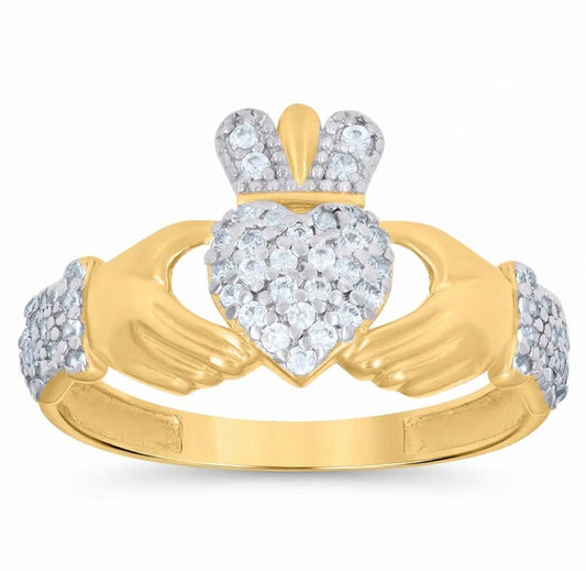 Front view of a 10K two-tone gold heart Claddagh ring