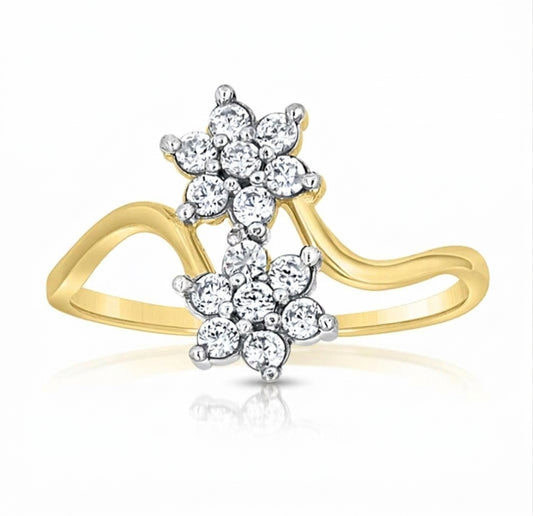 10K two-tone gold women's bypass flower ring with cubic zirconia accents