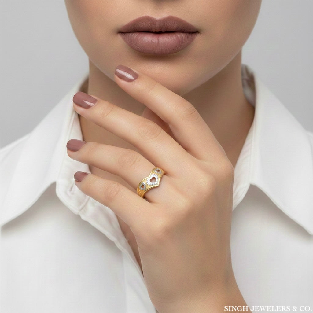 10K Two-Tone Heart Band Ring worn on hand