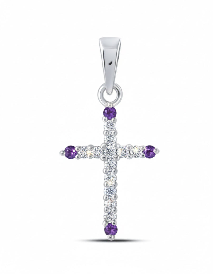 10K white gold cross pendant with diamonds and lab-created amethyst, 21.4mm x 9.6mm