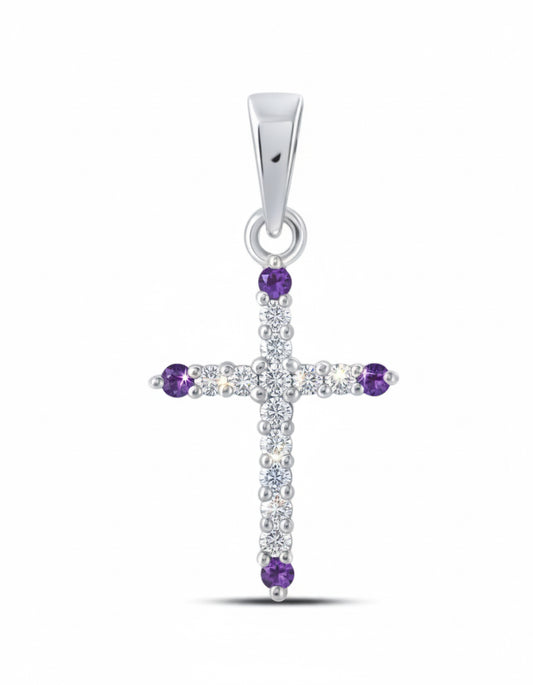 10K white gold cross pendant with diamonds and lab-created amethyst, 21.4mm x 9.6mm