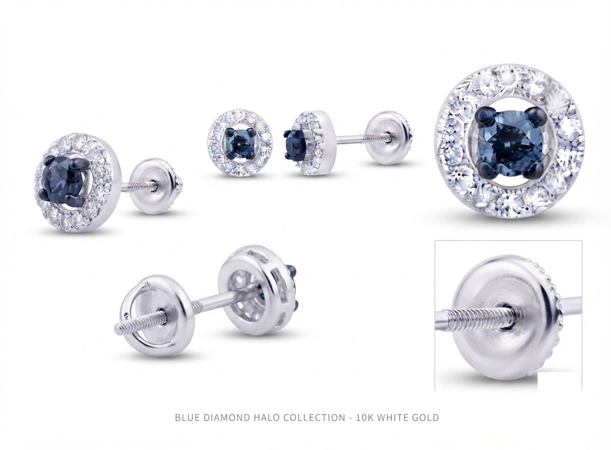 10K white gold round blue diamond halo stud earrings 1/5 CTTW