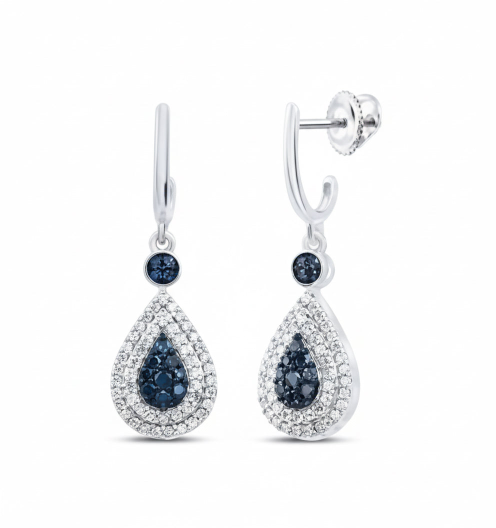 10K white gold blue diamond teardrop dangle earrings