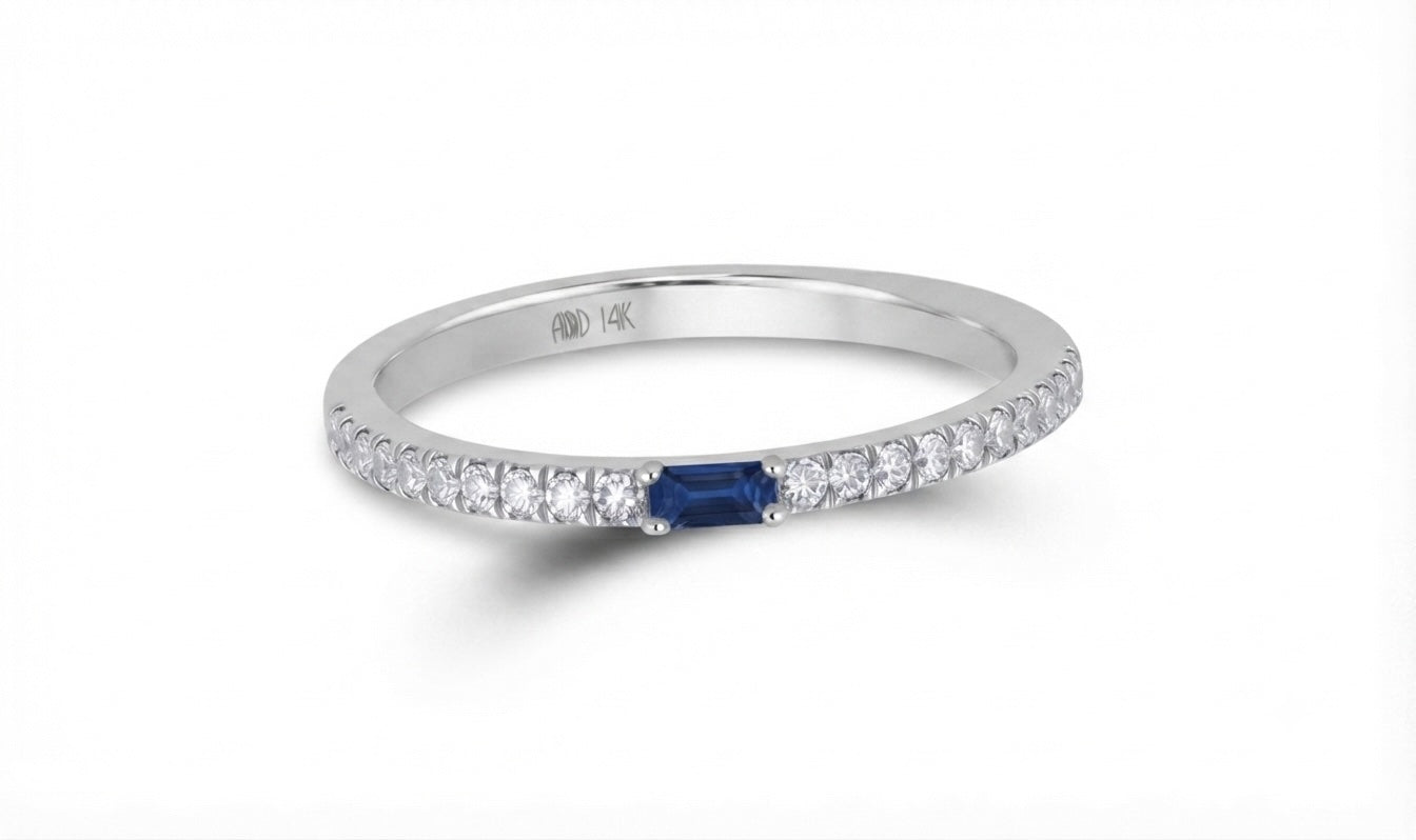10K White Gold Blue Sapphire & Baguette Diamond Band Ring