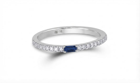 10K White Gold Blue Sapphire & Baguette Diamond Band Ring