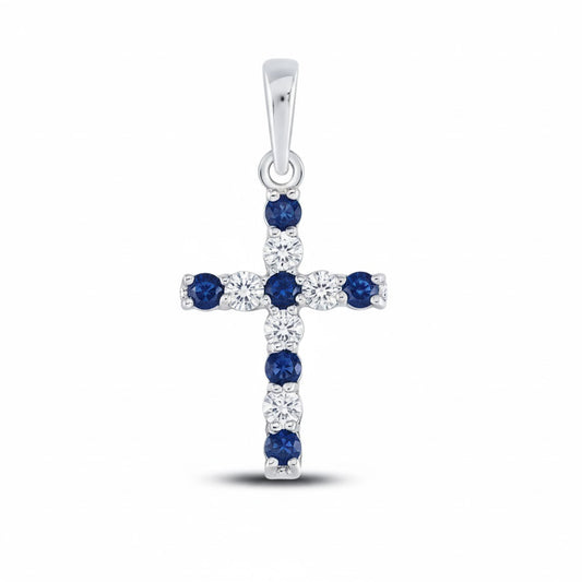 Elegant 10K white gold cross pendant with 1/3 CTTW synthetic blue sapphires