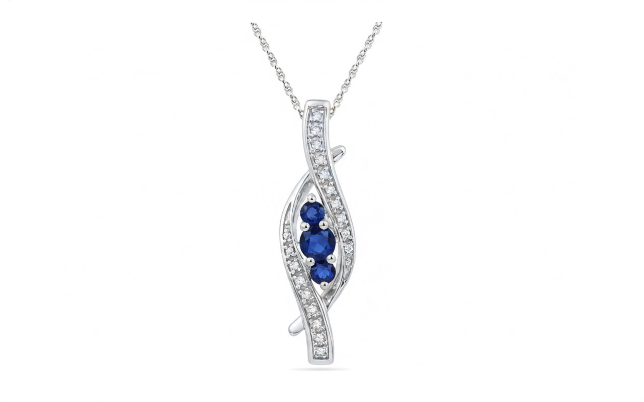 10K White Gold Blue Sapphire & Diamond Pendant with 18-inch Twisted Chain