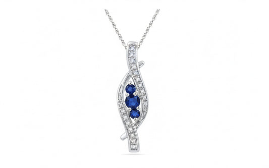 10K White Gold Blue Sapphire & Diamond Pendant with 18-inch Twisted Chain