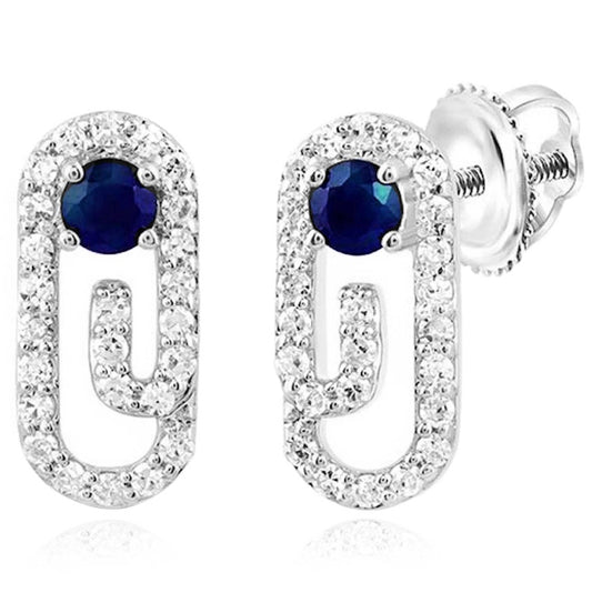 10K White Gold Paperclip Earrings with Natural Blue Sapphire and 1/5 CTTW Diamonds