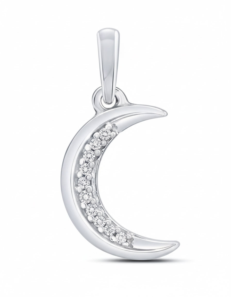 10K white gold crescent moon and star pendant with .03 CTTW round diamonds, no chain included