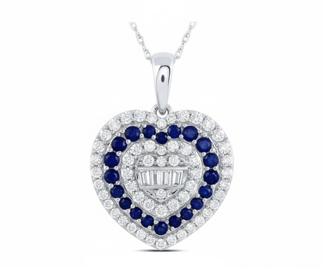 Close-up of 10K White Gold Diamond Heart Pendant with Sapphire and Round Diamonds