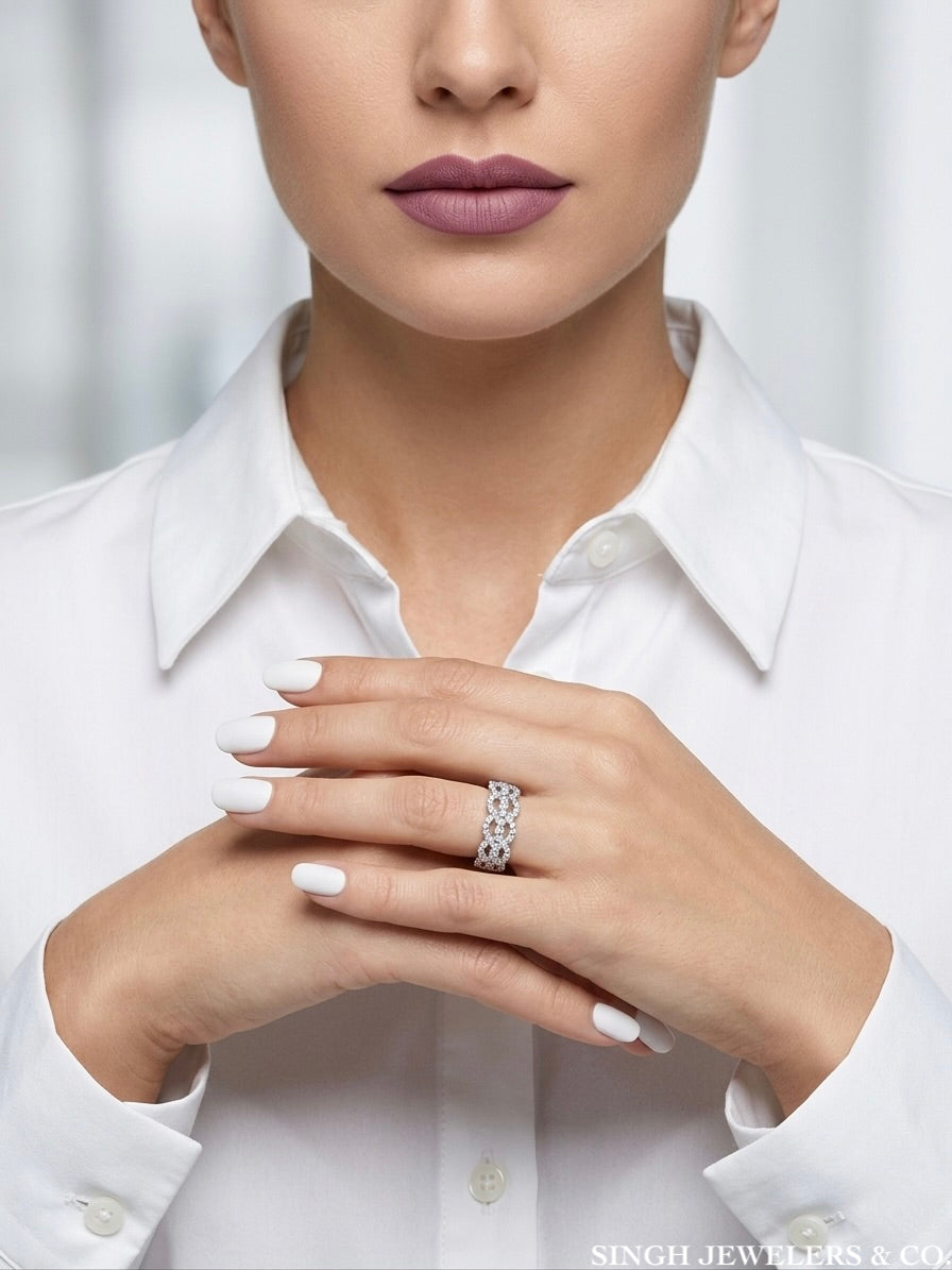 10K white gold diamond lattice statement ring with elegant openwork design