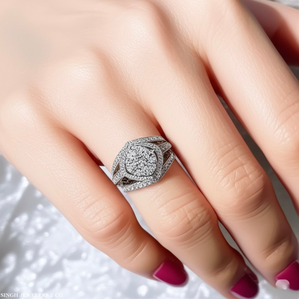 10K White Gold Halo Engagement Ring – 1 Carat Total Diamond Weight