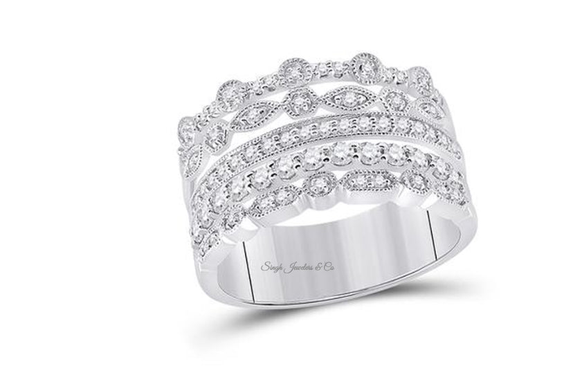 10K white gold stacked diamond band ring with 1/2 carat total weight, size 7
