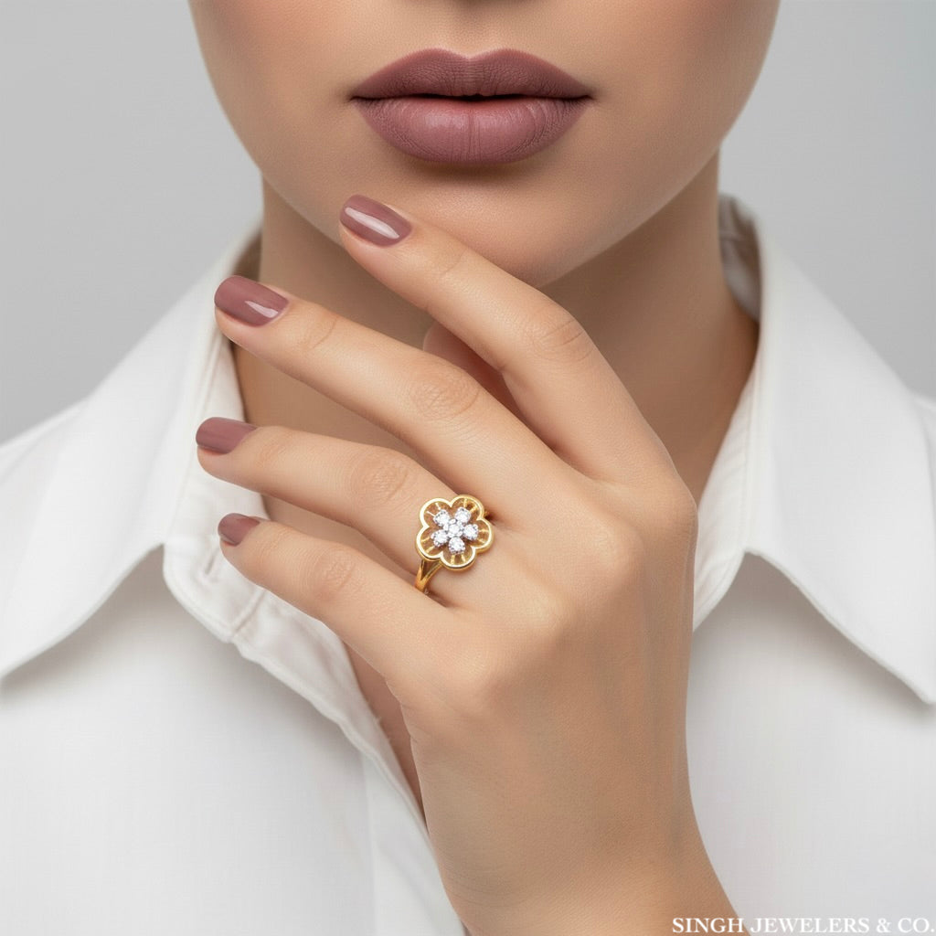 10K White Sapphire Flower Ring worn on hand