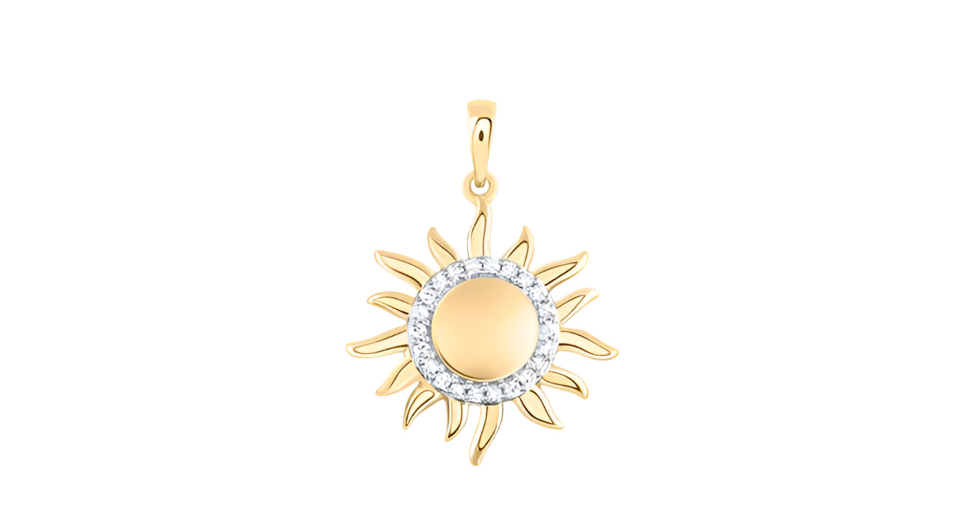 10K yellow gold sun pendant with 1/10 Cttw diamonds, radiant design.
