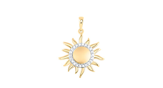 10K yellow gold sun pendant with 1/10 Cttw diamonds, radiant design.