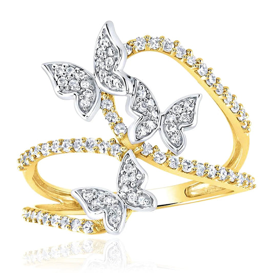 10k Yellow Gold 3 Butterflies 3/8 Cttw Diamond Ring Size 7
