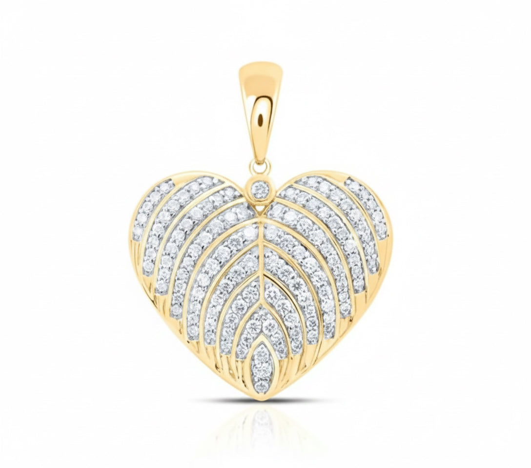 Gold heart-shaped pendant with diamond accents on a white background