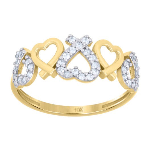 10K yellow gold ring with alternating hearts and CZ stones, size 7