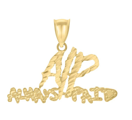 Front view of 10k yellow gold Always Paid charm with diamond-cut finish