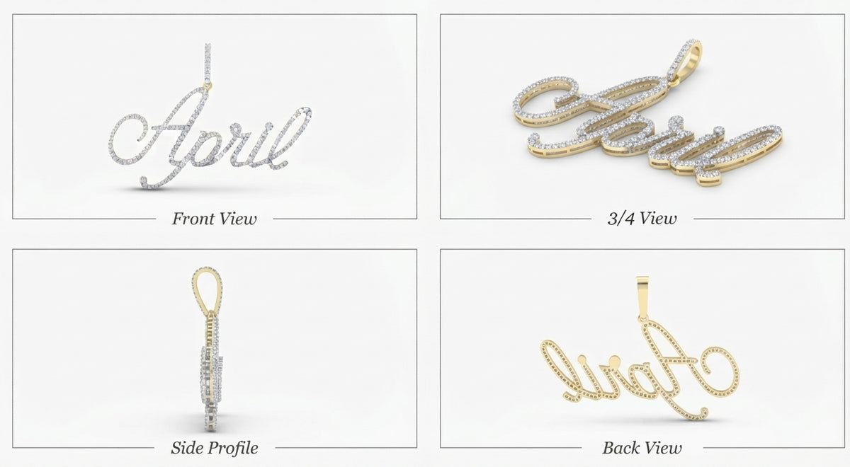 Four-panel jewelry display showing a script name pendant in multiple views: Front View, 3/4 View, Side Profile, and Back View. The top-left view shows a silver-toned pendant reading 'April', the top-right shows a gold-toned pendant reading 'April' with clear stones, the bottom-left shows a side profile of the silver-toned pendant, and the bottom-right shows the back view of the gold-toned pendant.