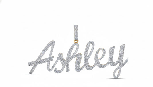 A 10K yellow gold diamond name pendant with the name 'Ashley' engraved in a cursive script.
