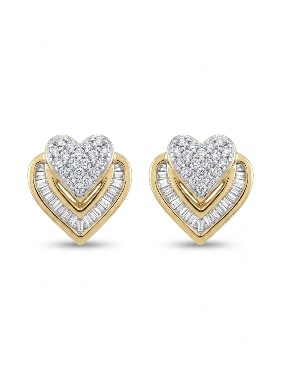 10K Yellow Gold Baguette and Round Diamond Heart Stud Earrings featuring a heart-shaped design with genuine baguette and round cut diamonds set in solid yellow gold.