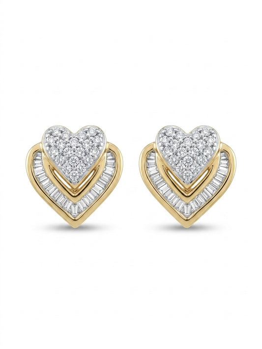 10K Yellow Gold Baguette and Round Diamond Heart Stud Earrings featuring a heart-shaped design with genuine baguette and round cut diamonds set in solid yellow gold.