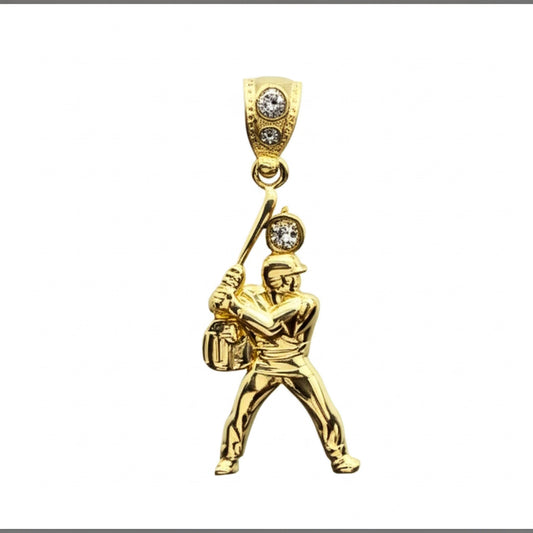 10K yellow gold baseball player pendant with detailed athlete swinging a bat