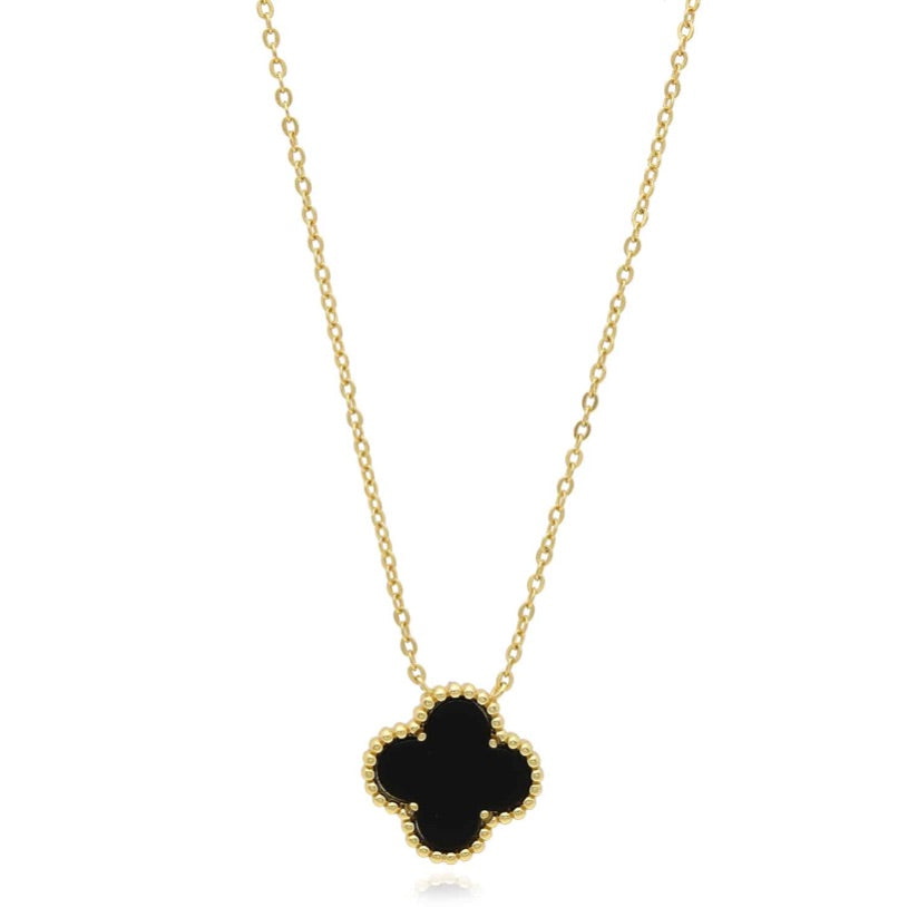 10K Yellow Gold Black Clover Necklace – 12mm Pendant
