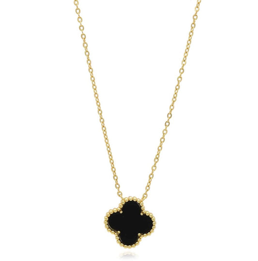 10K Yellow Gold Black Clover Necklace – 12mm Pendant
