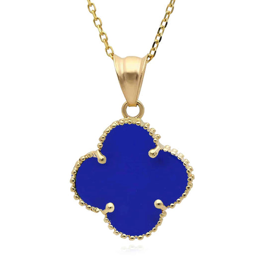10k Yellow Gold Blue 10mm Van Clover Charm Necklace with 18-inch Twisted Chain